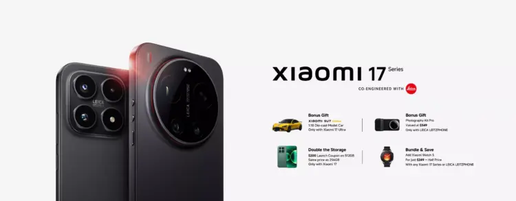 Banner promo Xiaomi 17 Series warna hitam menampilkan bonus die-cast mobil Xiaomi SU7 Ultra, Photography Kit Pro, dan upgrade memori.