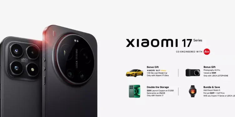 Banner promo Xiaomi 17 Series warna hitam menampilkan bonus die-cast mobil Xiaomi SU7 Ultra, Photography Kit Pro, dan upgrade memori.