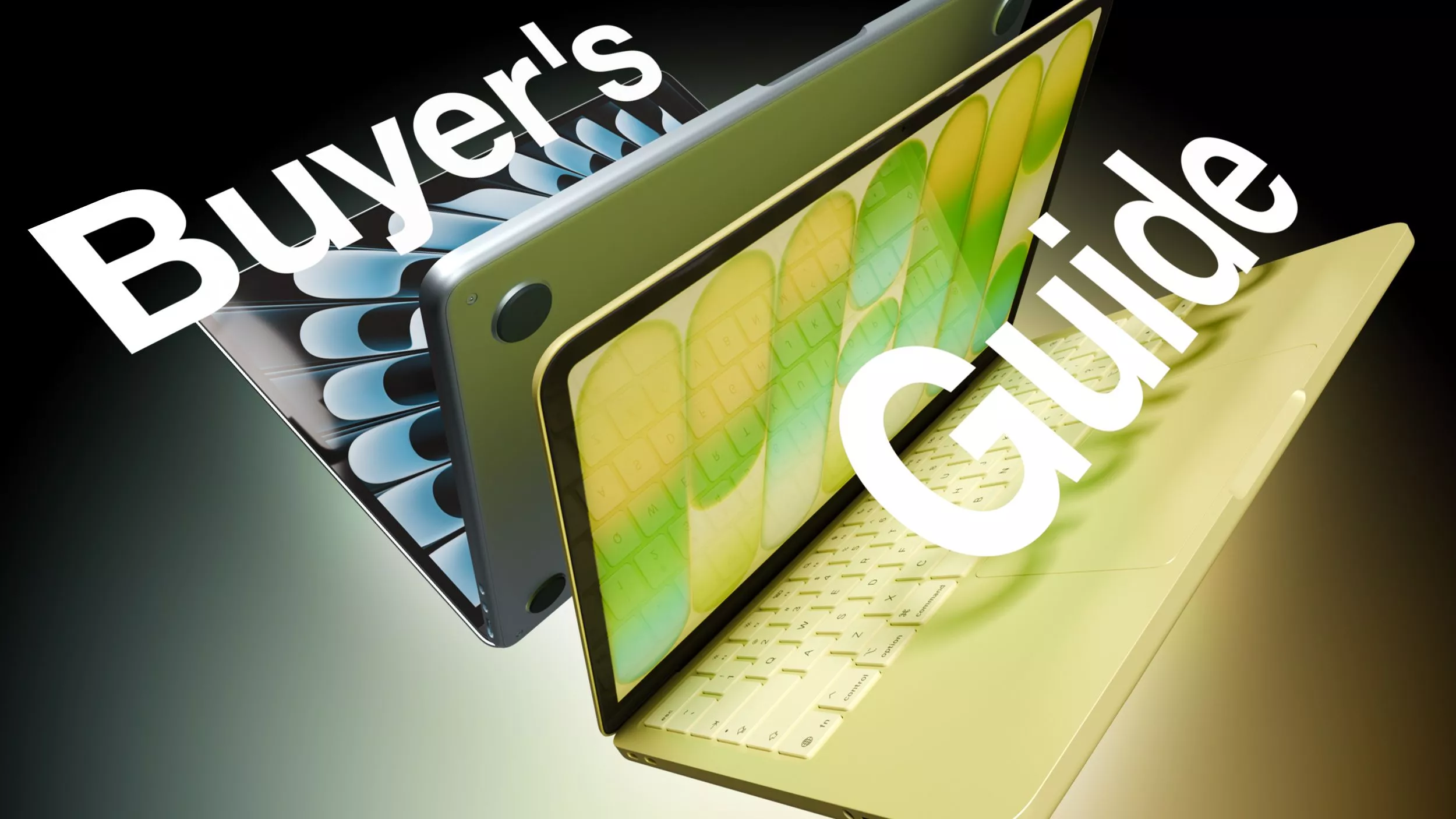 Grafis panduan pembeli atau Buyer's Guide yang menampilkan dua unit MacBook Neo untuk membantu memilih spesifikasi terbaik.