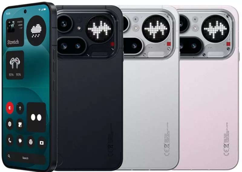 Tampilan depan layar dan bagian belakang Nothing Phone 4a Pro, menunjukkan antarmuka Nothing OS yang minimalis dan futuristik.