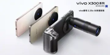 Poster resmi Vivo X300 Series yang menampilkan varian X300 Ultra dan X300s dengan aksesori grip kamera dan lensa tele-converter 2.35x.