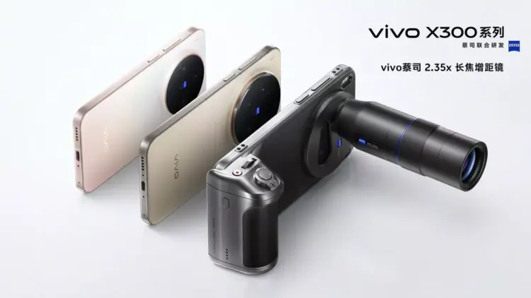Poster resmi Vivo X300 Series yang menampilkan varian X300 Ultra dan X300s dengan aksesori grip kamera dan lensa tele-converter 2.35x.