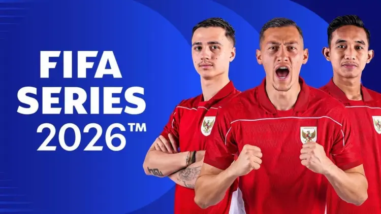 Poster promosi FIFA Series 2026 menampilkan tiga bintang Timnas Indonesia: Elkan Baggott, Jay Idzes, dan Rizky Ridho.