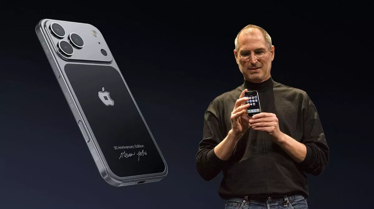 Perbandingan visual Steve Jobs memegang iPhone pertama dengan render iPhone 17 Pro edisi 50 tahun yang fenomenal.
