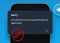 Tangkapan layar notifikasi "An internal error occurred. Please try again later" di aplikasi Telegram dengan stempel FIXED merah.