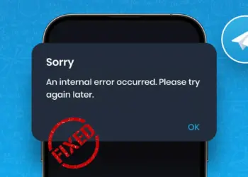 Tangkapan layar notifikasi "An internal error occurred. Please try again later" di aplikasi Telegram dengan stempel FIXED merah.
