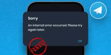 Tangkapan layar notifikasi "An internal error occurred. Please try again later" di aplikasi Telegram dengan stempel FIXED merah.
