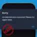 Tangkapan layar notifikasi "An internal error occurred. Please try again later" di aplikasi Telegram dengan stempel FIXED merah.