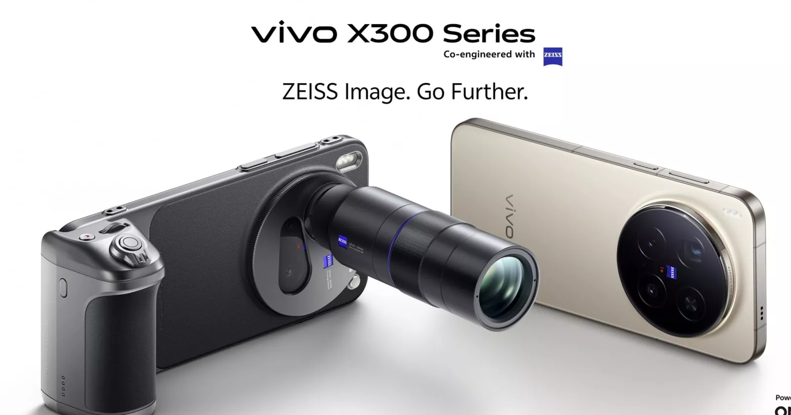 Poster resmi Vivo X300 Series yang menunjukkan kolaborasi dengan ZEISS, menampilkan modul kamera besar dan aksesori lensa eksternal profesional.