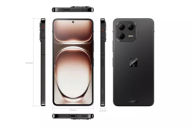 Close-up modul kamera belakang Hiroh Phone dan tombol saklar fisik berwarna merah untuk privasi.