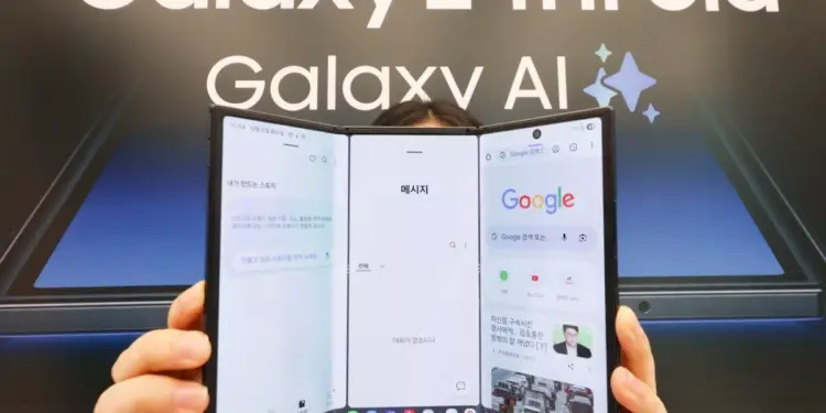 Seseorang sedang memegang perangkat Samsung Galaxy Z TriFold dengan tiga lipatan layar yang menampilkan antarmuka Google dan Galaxy AI.