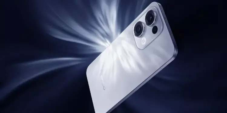 Desain bodi belakang Oppo Reno dengan efek kilauan cahaya estetik untuk promo Lebaran 2026.