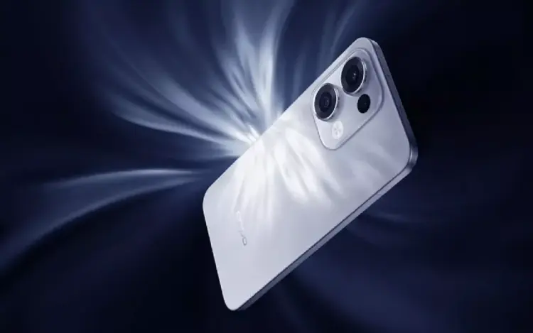 Desain bodi belakang Oppo Reno dengan efek kilauan cahaya estetik untuk promo Lebaran 2026.