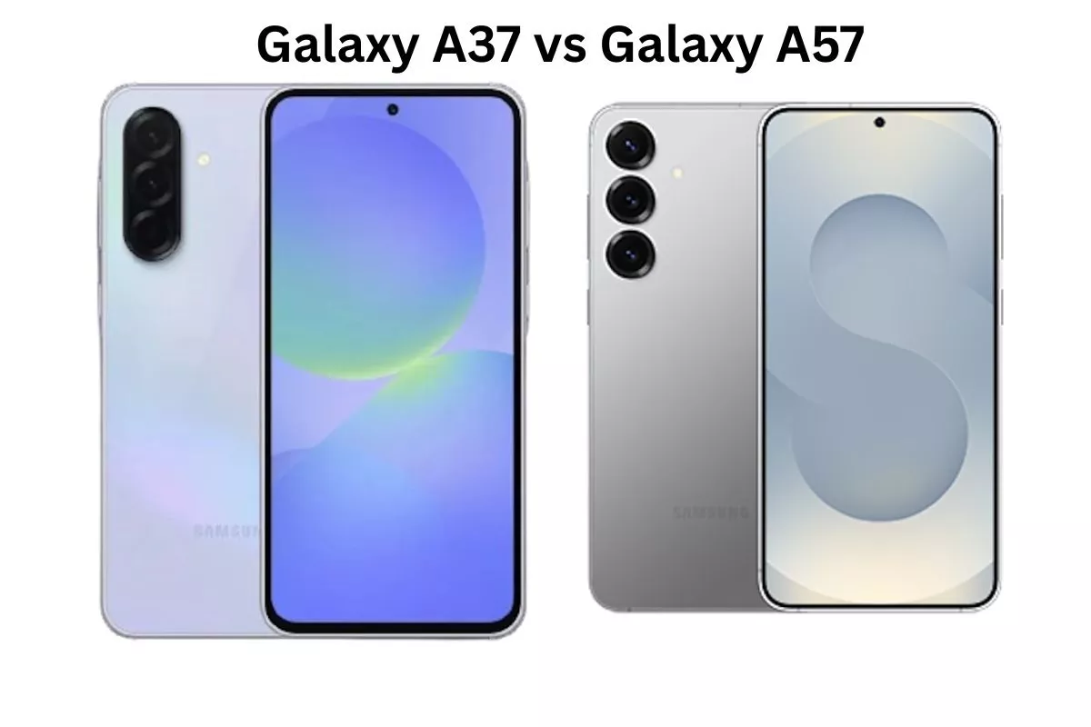 Perbandingan desain bodi belakang dan layar depan antara Samsung Galaxy A37 dan Samsung Galaxy A57.
