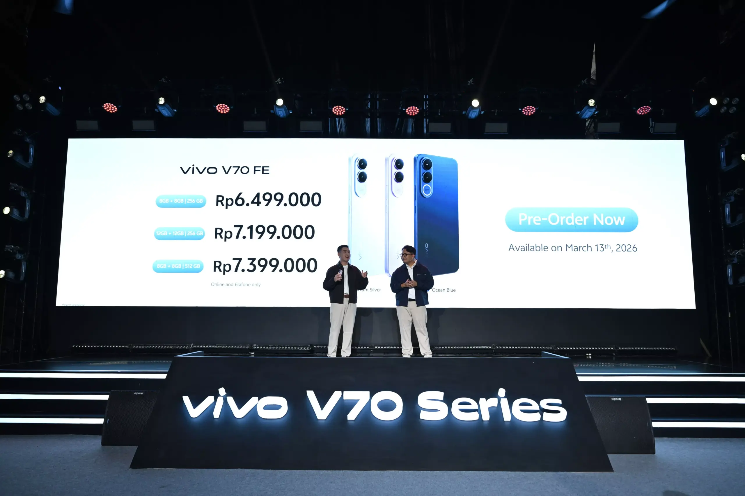 Daftar harga resmi vivo V70 FE di Indonesia mulai dari Rp6.499.000 untuk varian 8GB/256GB.