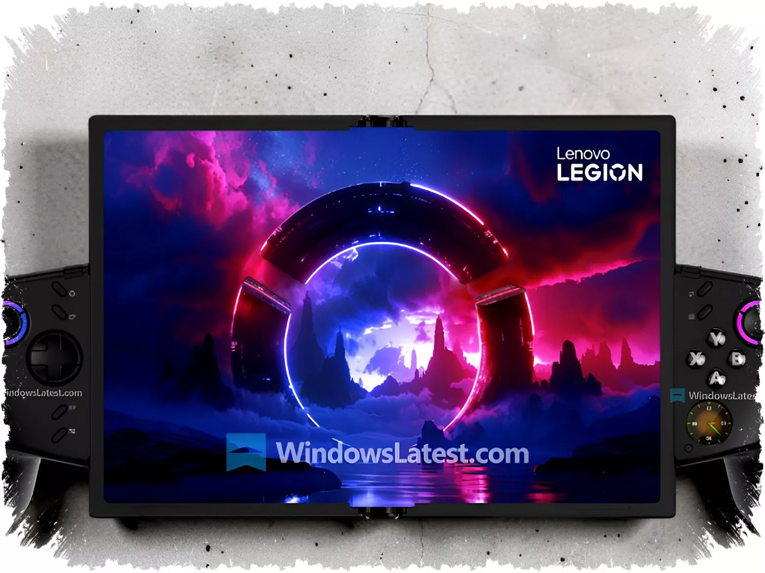 Konsep layar lipat Lenovo Legion GO dengan wallpaper gaming futuristik dan logo Legion.