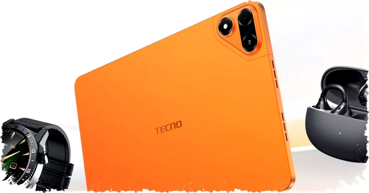 Sisi belakang tablet Tecno Megapad 2 berwarna oranye yang disandingkan dengan ekosistem perangkat pintar Tecno seperti jam tangan dan earbuds.