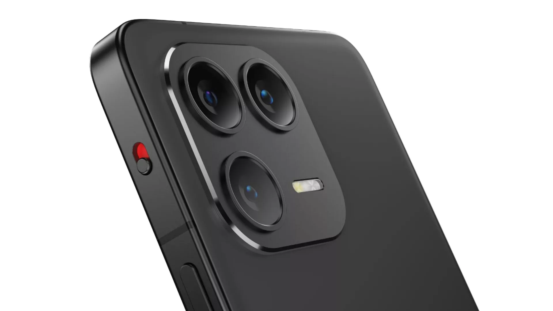 Skema desain Hiroh Phone memperlihatkan tampak depan, belakang, dan sisi samping dengan tombol privasi berwarna merah.