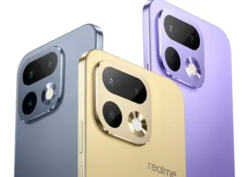 Tiga unit Realme 16 Pro+ dalam varian warna biru abu-abu, emas, dan ungu, menunjukkan konsistensi desain modul kamera yang modern.