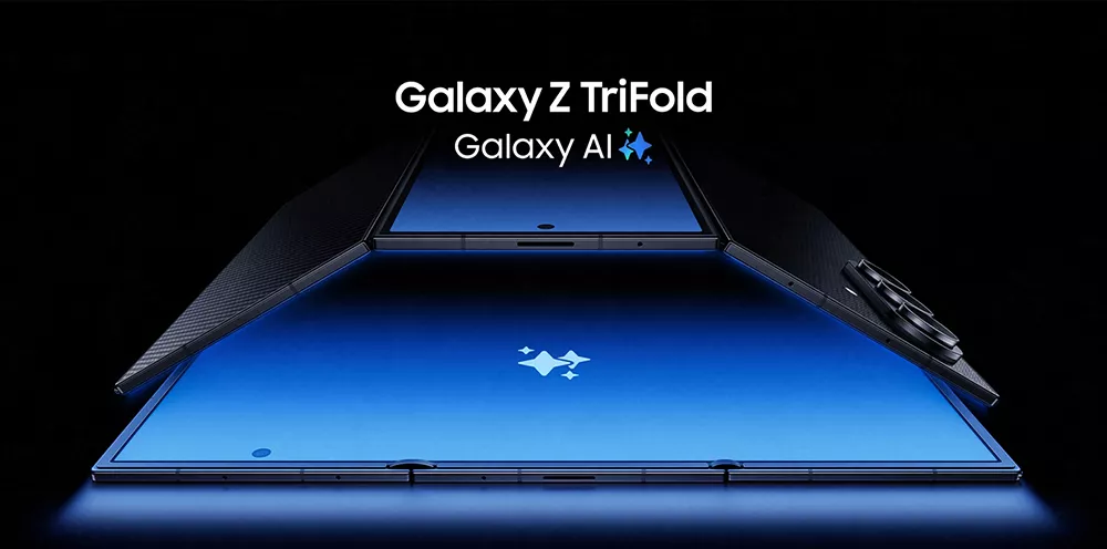 Poster promosi resmi Samsung Galaxy Z TriFold dan Galaxy AI dengan latar belakang hitam dan pencahayaan biru futuristik.