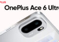 Poster promosi resmi dengan logo merah "ONEPLUS" di pojok kiri atas dan teks besar "OnePlus Ace 6 Ultra", menampilkan sudut atas smartphone silver dengan modul kamera.
