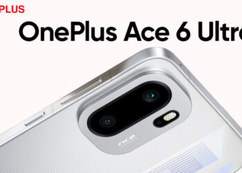 Poster promosi resmi dengan logo merah "ONEPLUS" di pojok kiri atas dan teks besar "OnePlus Ace 6 Ultra", menampilkan sudut atas smartphone silver dengan modul kamera.