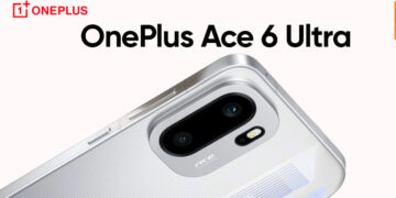 Poster promosi resmi dengan logo merah "ONEPLUS" di pojok kiri atas dan teks besar "OnePlus Ace 6 Ultra", menampilkan sudut atas smartphone silver dengan modul kamera.