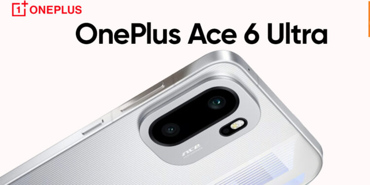 Poster promosi resmi dengan logo merah "ONEPLUS" di pojok kiri atas dan teks besar "OnePlus Ace 6 Ultra", menampilkan sudut atas smartphone silver dengan modul kamera.