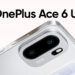 Poster promosi resmi dengan logo merah "ONEPLUS" di pojok kiri atas dan teks besar "OnePlus Ace 6 Ultra", menampilkan sudut atas smartphone silver dengan modul kamera.