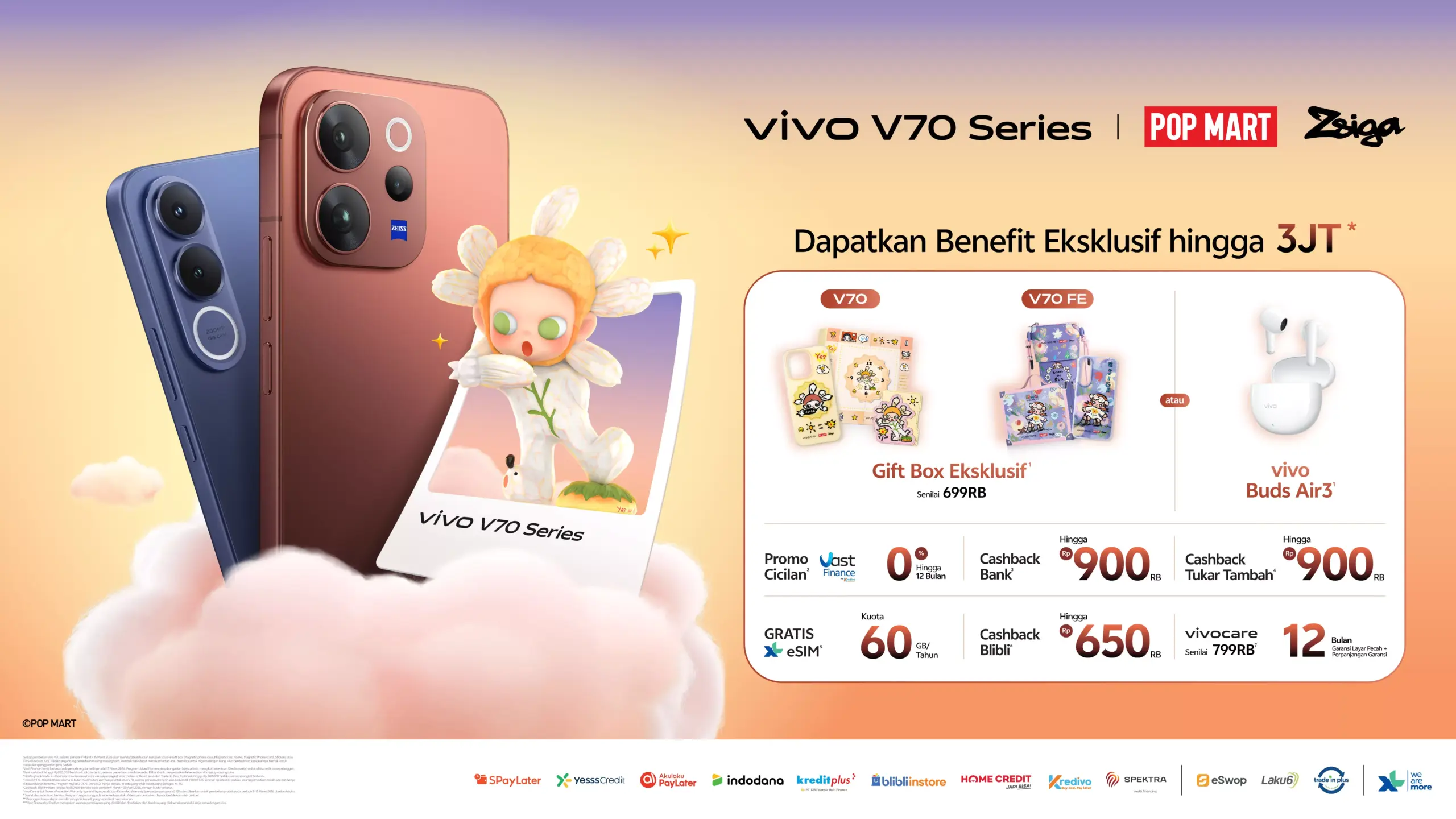 Promo benefit eksklusif vivo V70 Series kolaborasi dengan Pop Mart Zsiga senilai hingga 3 juta rupiah.