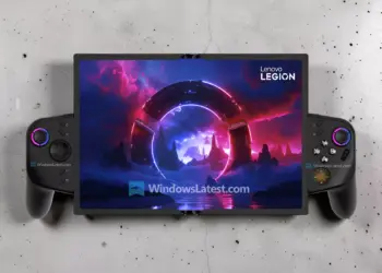 Detail kontroler Lenovo Legion GO foldable dengan joystick RGB dan layout tombol gaming profesional.