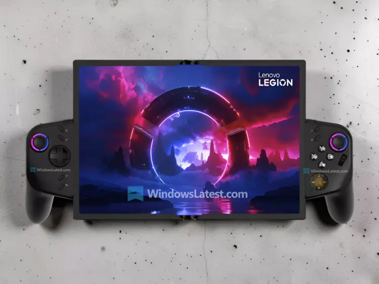 Detail kontroler Lenovo Legion GO foldable dengan joystick RGB dan layout tombol gaming profesional.