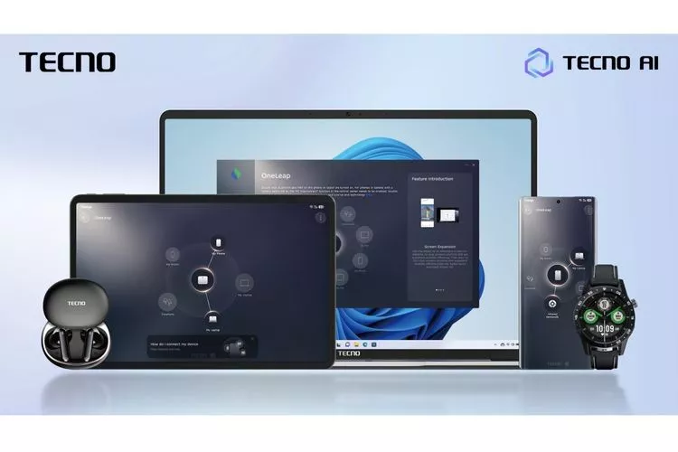 Ilustrasi fitur OneLeap Ecosystem pada Tecno Megapad 2 yang menghubungkan laptop, tablet, smartphone, dan jam tangan pintar secara nirkabel.