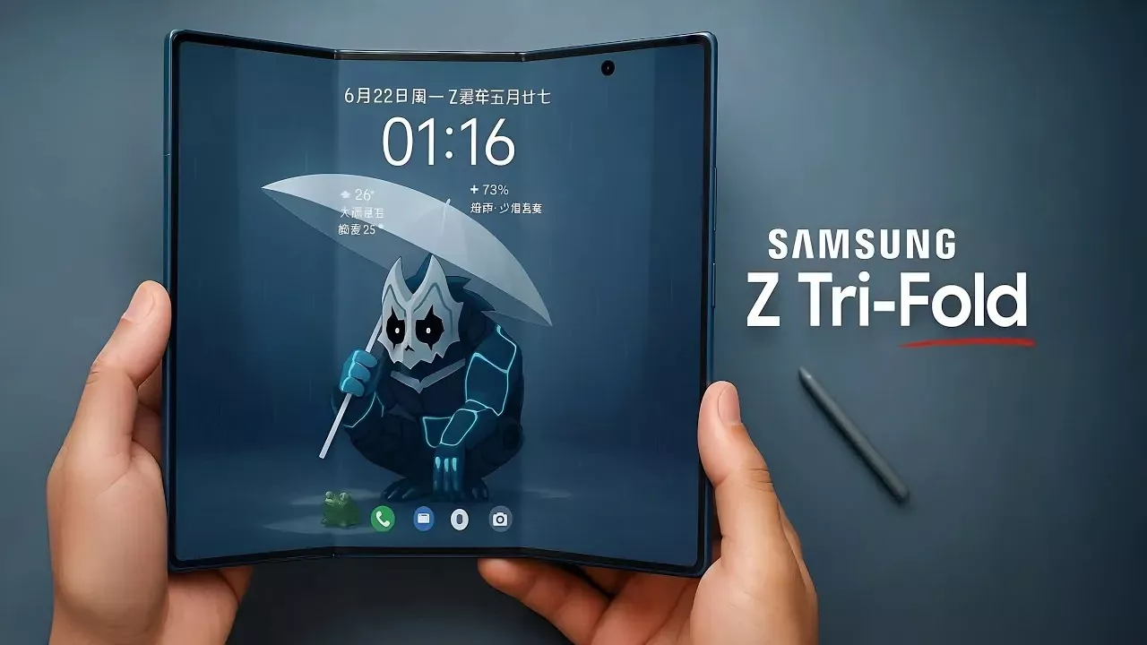 Tampilan layar utama Galaxy Z TriFold dengan wallpaper karakter animasi dan aksesori S-Pen di sampingnya.