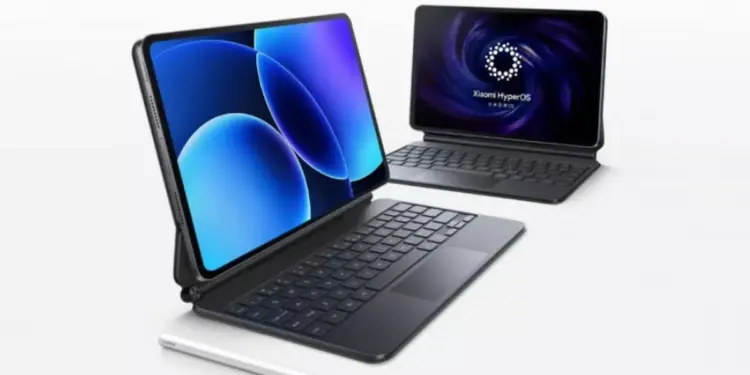 Tablet Xiaomi Pad 8 Series terpasang pada keyboard eksternal dengan Xiaomi Smart Pen, menampilkan antarmuka Xiaomi HyperOS yang responsif untuk gaming dan kerja.