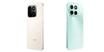 Dua unit smartphone HONOR X7d dilihat dari sisi belakang dengan varian warna Cream dan Mint Green yang elegan.