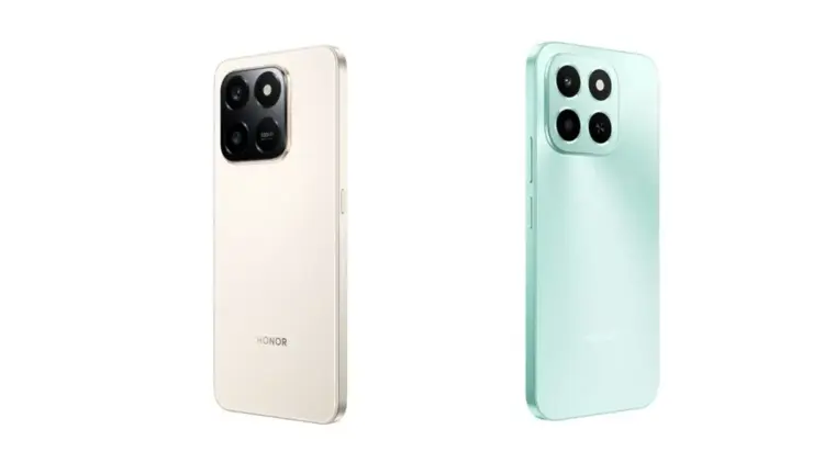 Dua unit smartphone HONOR X7d dilihat dari sisi belakang dengan varian warna Cream dan Mint Green yang elegan.