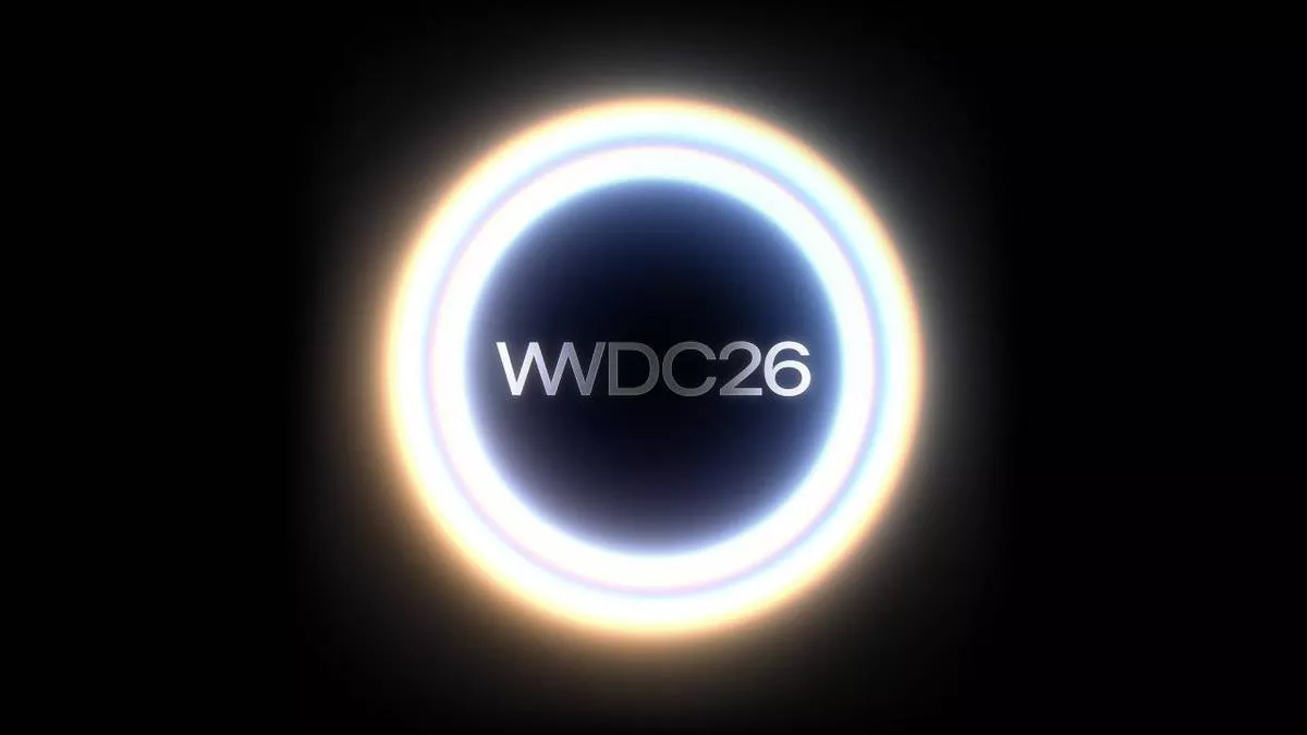 Logo WWDC26 dengan latar belakang hitam dan efek lingkaran cahaya bercahaya (glow) yang futuristik.