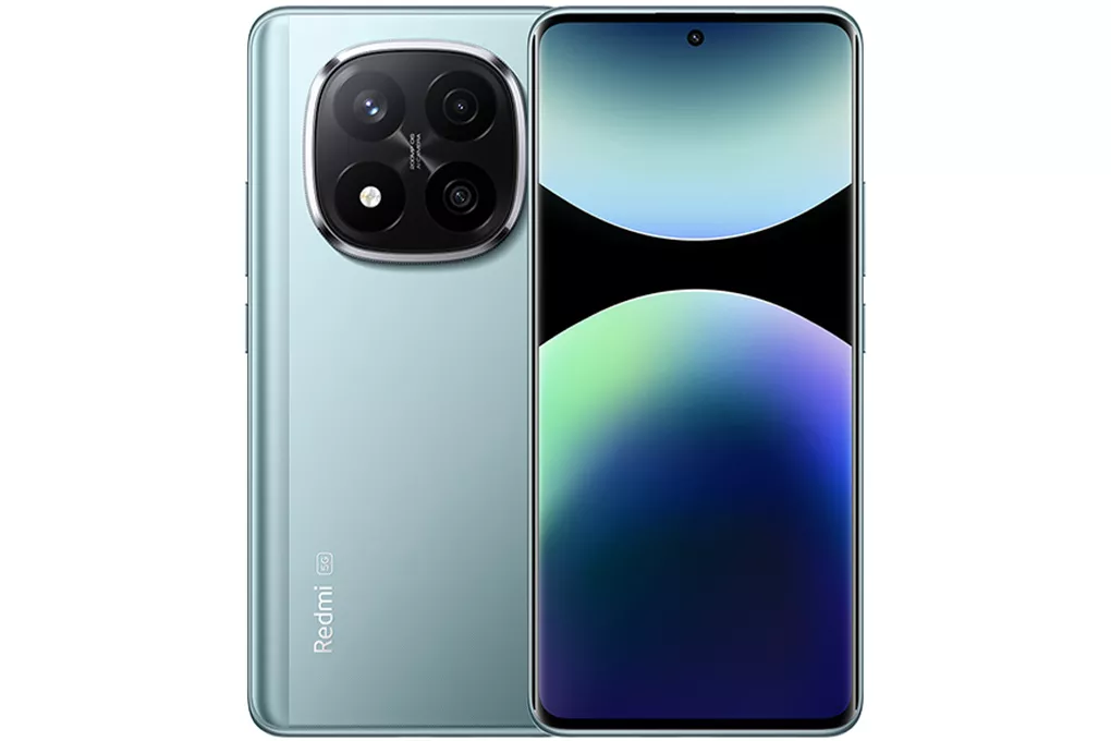 Tampilan depan dan belakang Redmi Note 14 Pro+ 5G warna hijau toska dengan modul kamera melingkar yang ikonik.