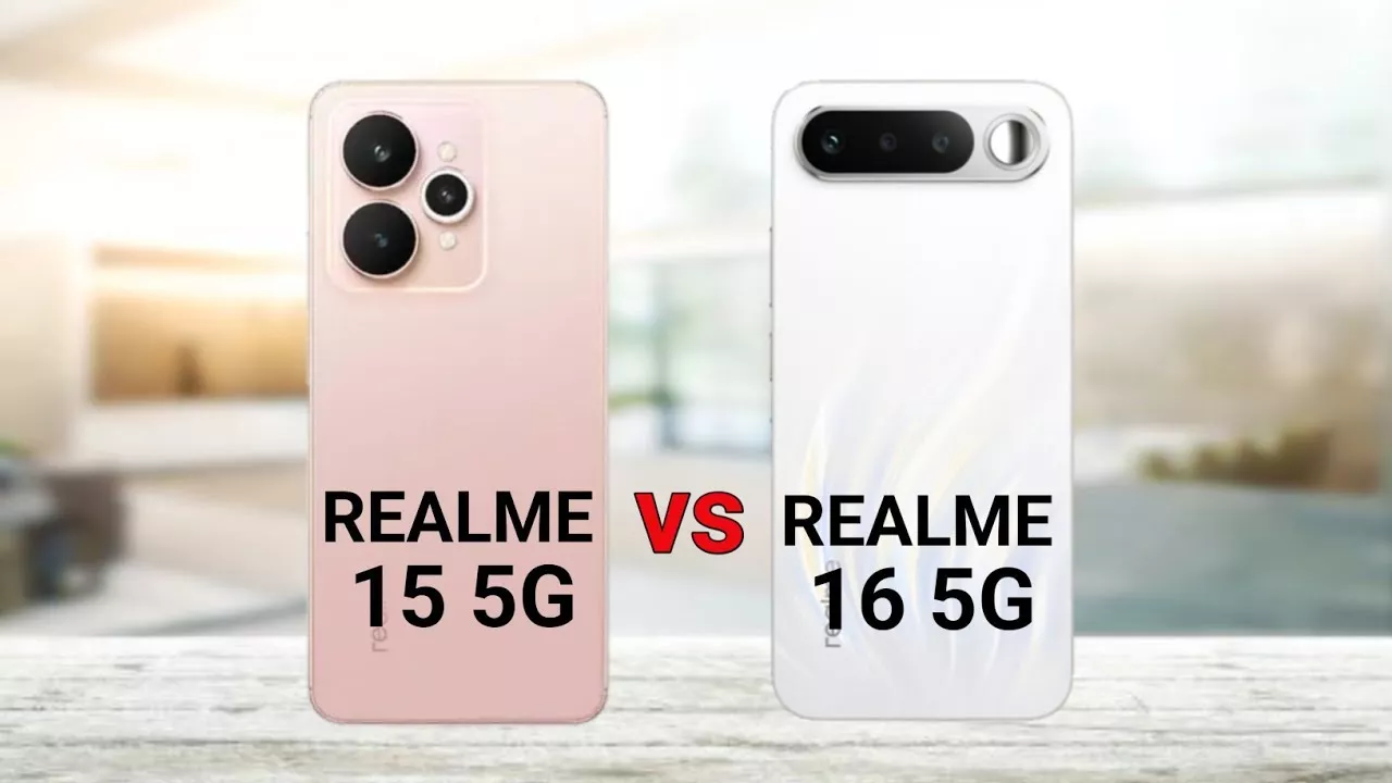 Perbandingan desain bodi belakang realme 16 5G berwarna putih dengan modul kamera horizontal dan realme 15 5G berwarna merah muda dengan modul kamera melingkar.