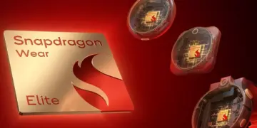 Ilustrasi jeroan smartwatch yang menggunakan teknologi Snapdragon Wear Elite, menunjukkan integrasi chip ke dalam berbagai bentuk perangkat pakai.