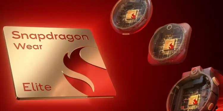 Ilustrasi jeroan smartwatch yang menggunakan teknologi Snapdragon Wear Elite, menunjukkan integrasi chip ke dalam berbagai bentuk perangkat pakai.