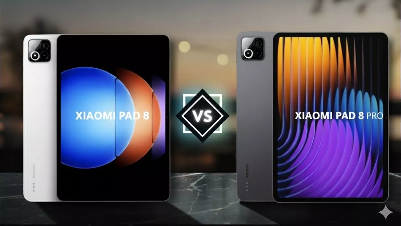 Perbandingan desain belakang dan layar depan antara Xiaomi Pad 8 varian standar warna putih dan Xiaomi Pad 8 Pro varian abu-abu.
