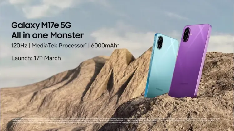 Poster promosi Samsung Galaxy M17e 5G warna Light Blue dan Dark Purple dengan latar belakang bukit pasir, rilis 17 Maret.