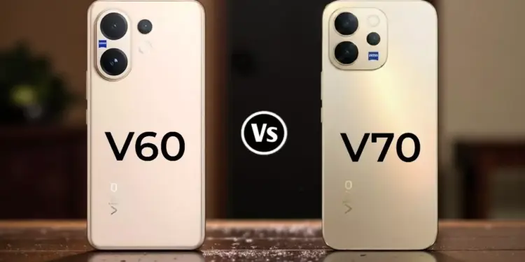 Desain bodi belakang Vivo V60 vs Vivo V70 dalam varian warna emas yang mewah dengan logo ZEISS.