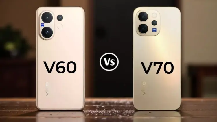 Desain bodi belakang Vivo V60 vs Vivo V70 dalam varian warna emas yang mewah dengan logo ZEISS.