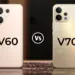 Desain bodi belakang Vivo V60 vs Vivo V70 dalam varian warna emas yang mewah dengan logo ZEISS.