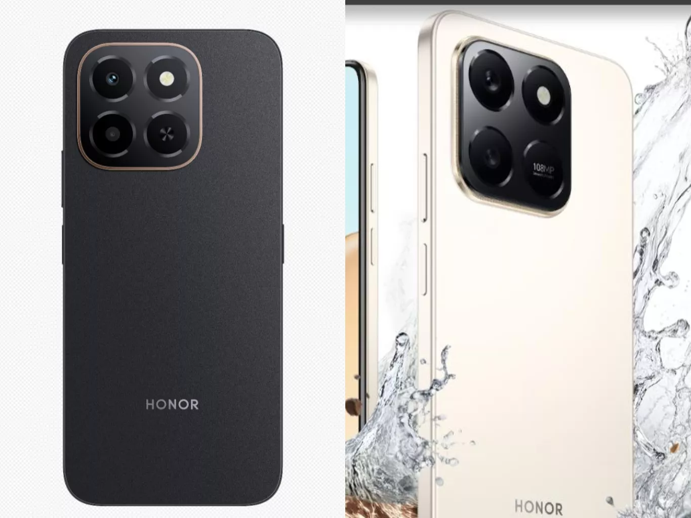 Detail kamera 108MP pada HONOR X7d varian warna hitam dan gold dengan efek percikan air yang menunjukkan ketahanan perangkat.
