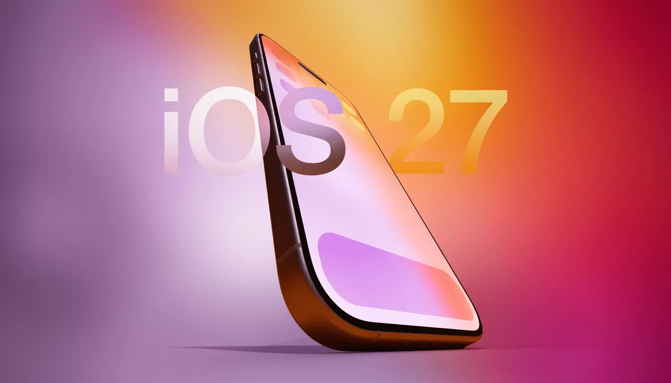 Konsep tampilan iPhone dengan teks iOS 27 besar di latar belakang gradasi warna ungu dan oranye.