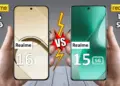 Perbandingan layar depan realme 16 5G dan realme 15 5G yang sedang dipegang, menampilkan bezel tipis dan desain punch-hole kamera depan.
